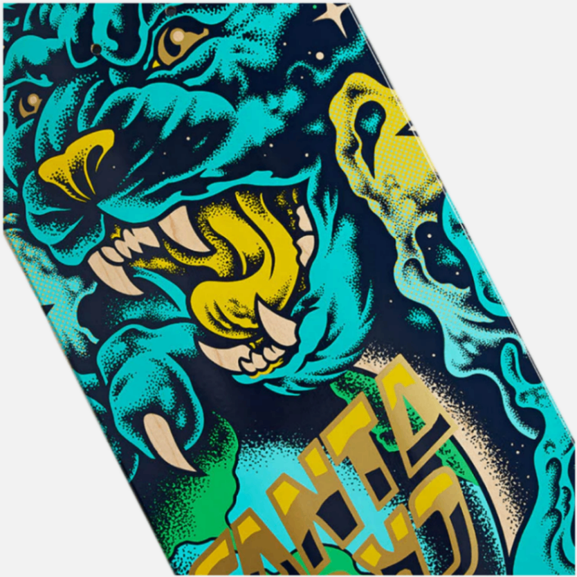 skateboard deck with a colorful panther design and 'santa cruzSanta Cruz Asta Space Cat 'TWIN' Skateboard Deck 8.2"' branding on a blue background