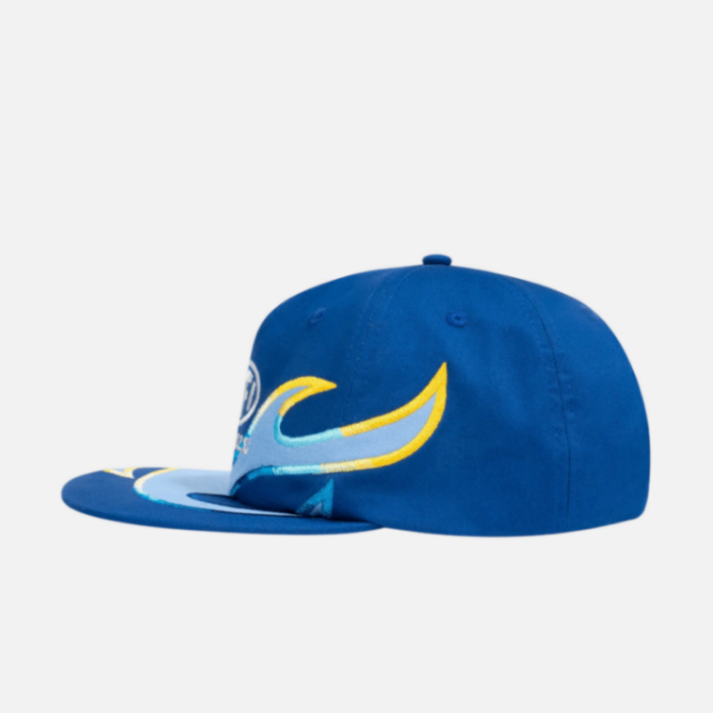 Blue cap with a logo on a light gray background