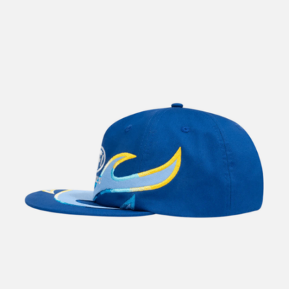 Blue cap with a logo on a light gray background