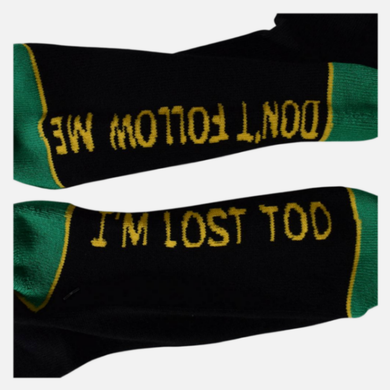 Two socks with text on a white background