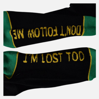Two socks with text on a white background