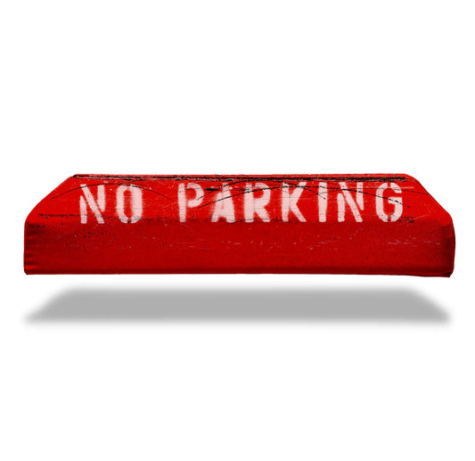 Red rectangular sign with 'NO PARKING' text on a white background