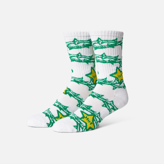 White socks with green and yellow patterns on a white background