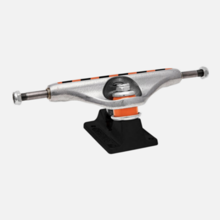 Skateboard truck with silver and black design on a white background