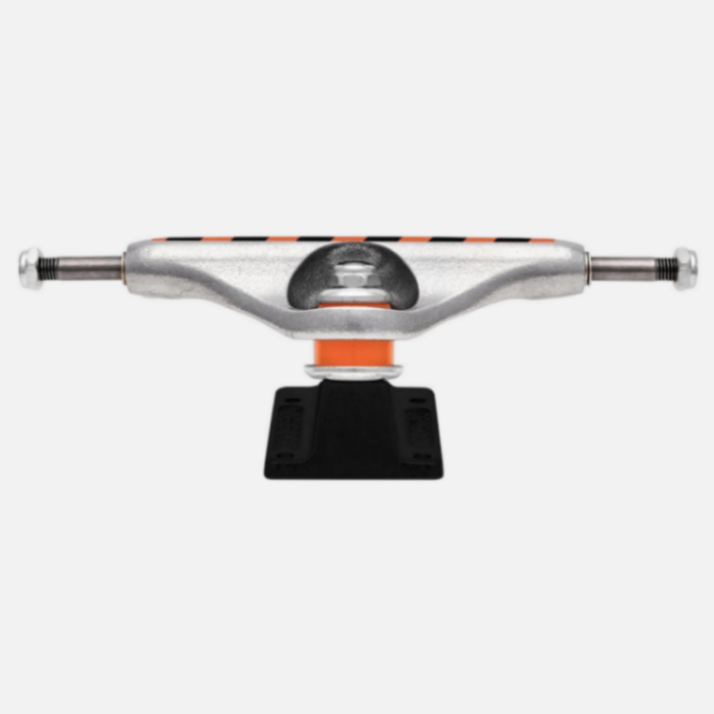 Skateboard truck with silver metal hardware and black and orange accents on a white background