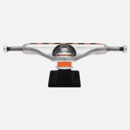 Skateboard truck with silver metal hardware and black and orange accents on a white background