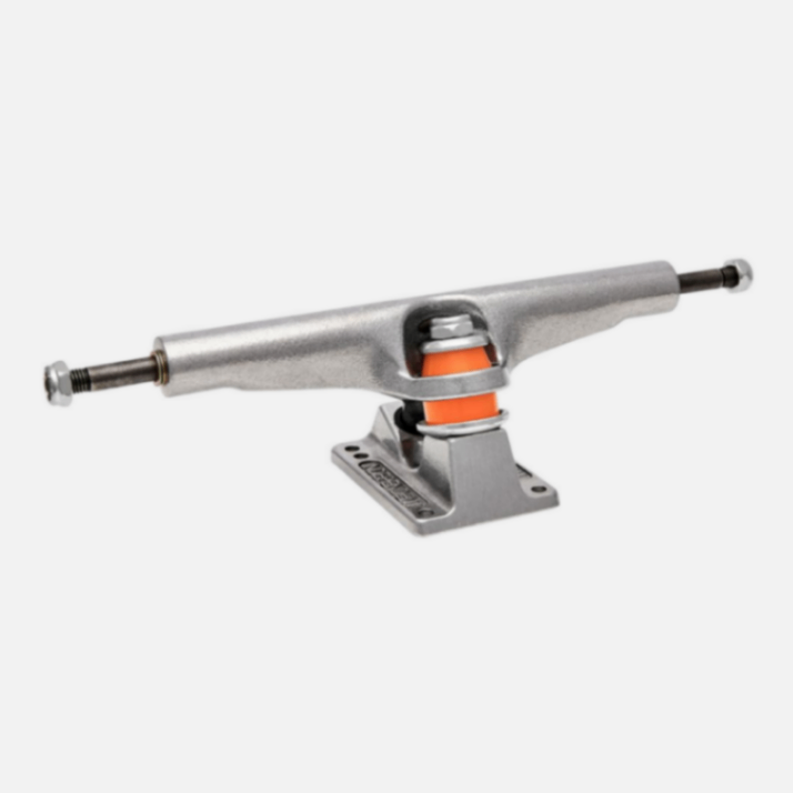Skateboard truck with silver metal and orange bushings on a white background