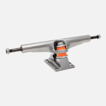 Skateboard truck with silver metal and orange bushings on a white background