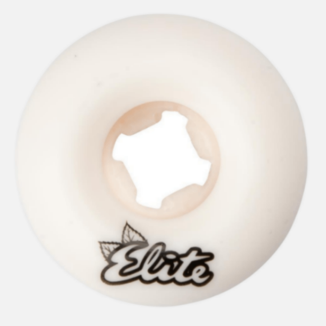 White skateboard wheel with 'Elite' branding on a white background