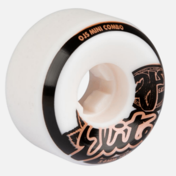 White skateboard wheel with black and orange branding on a white background
