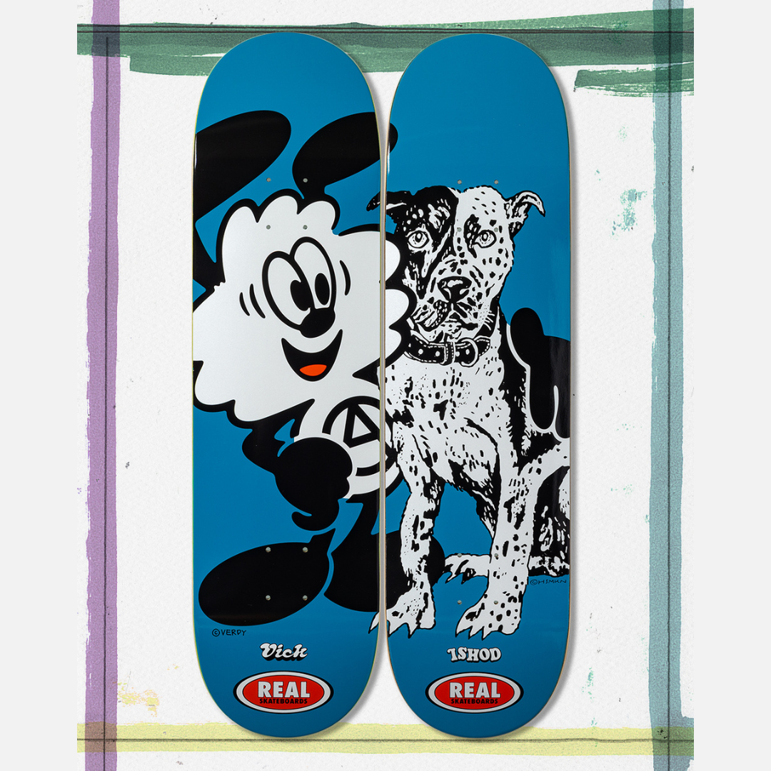 Two skateboard decks with cartoon character designs on a white background