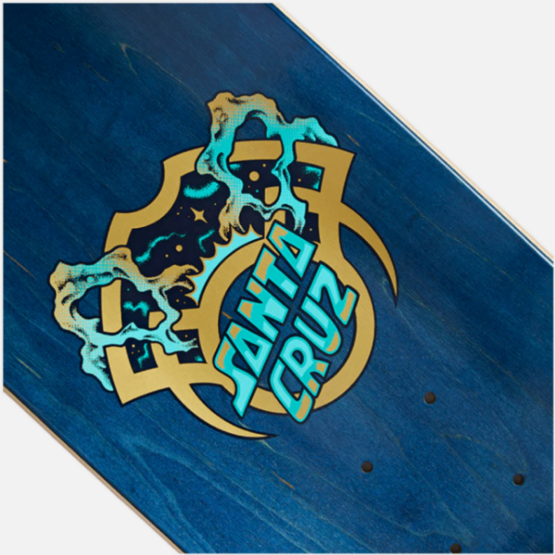 Blue skateboard deck with a colorful logo featuring the text 'Santa Cruz'.