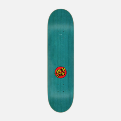 Teal skateboard deck with a red and yellow logo on a white background
