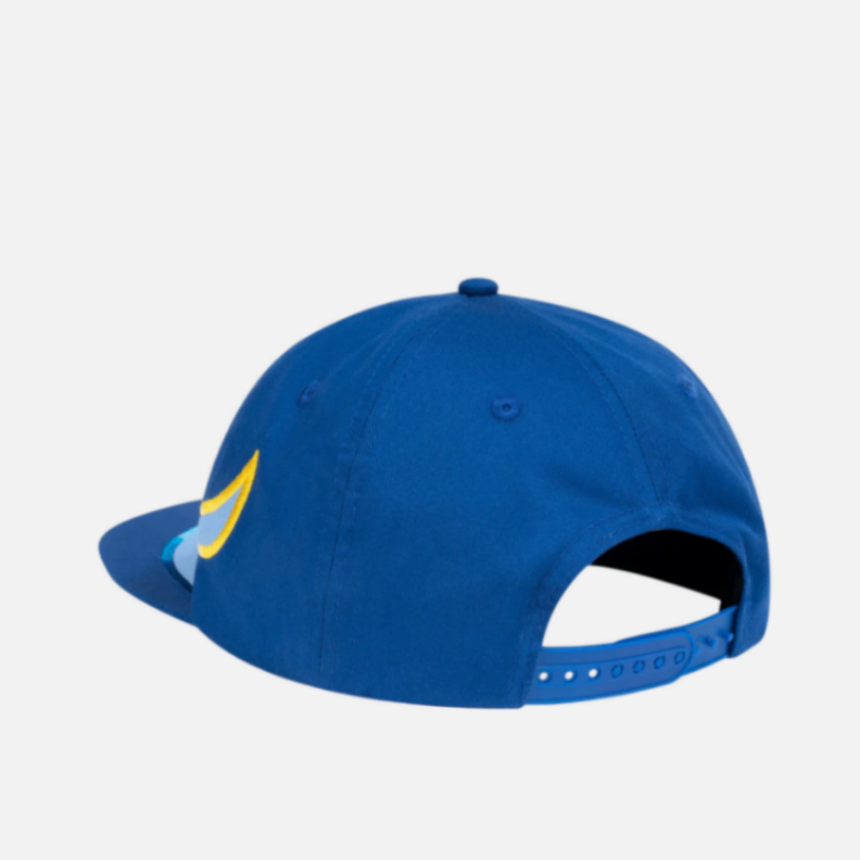 Blue cap with a logo on the back against a light gray background
