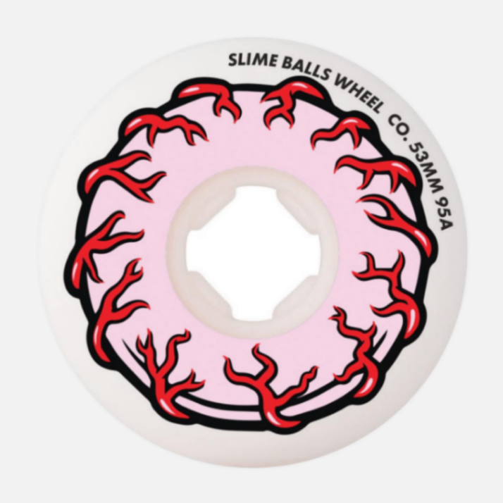 Skateboard wheel with pink center and red tribal design on a white background, featuring 'Slime Balls Wheel Co.' branding.
