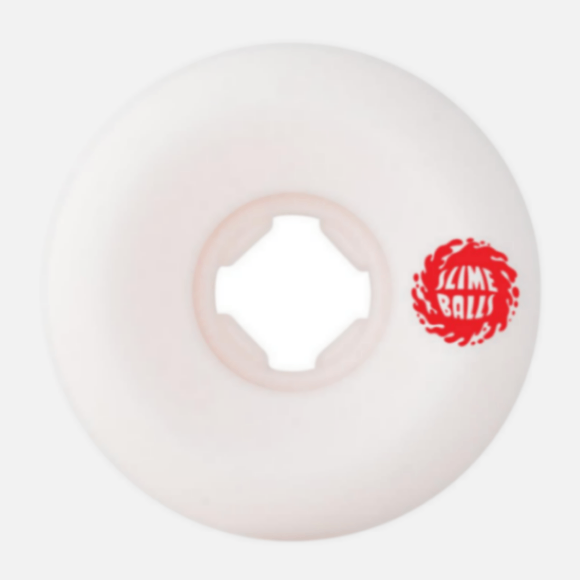 White skateboard wheel with a red logo on a white background