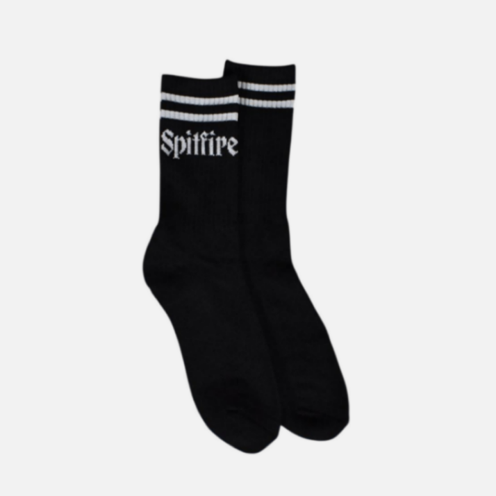 Black socks with 'Spitfire' branding on a white background
