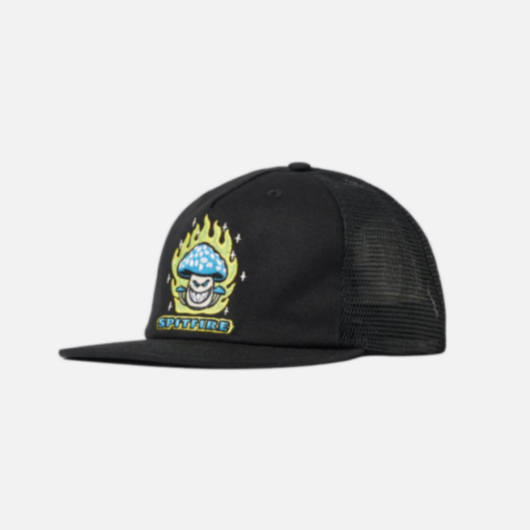 Black cap with a colorful logo on a white background