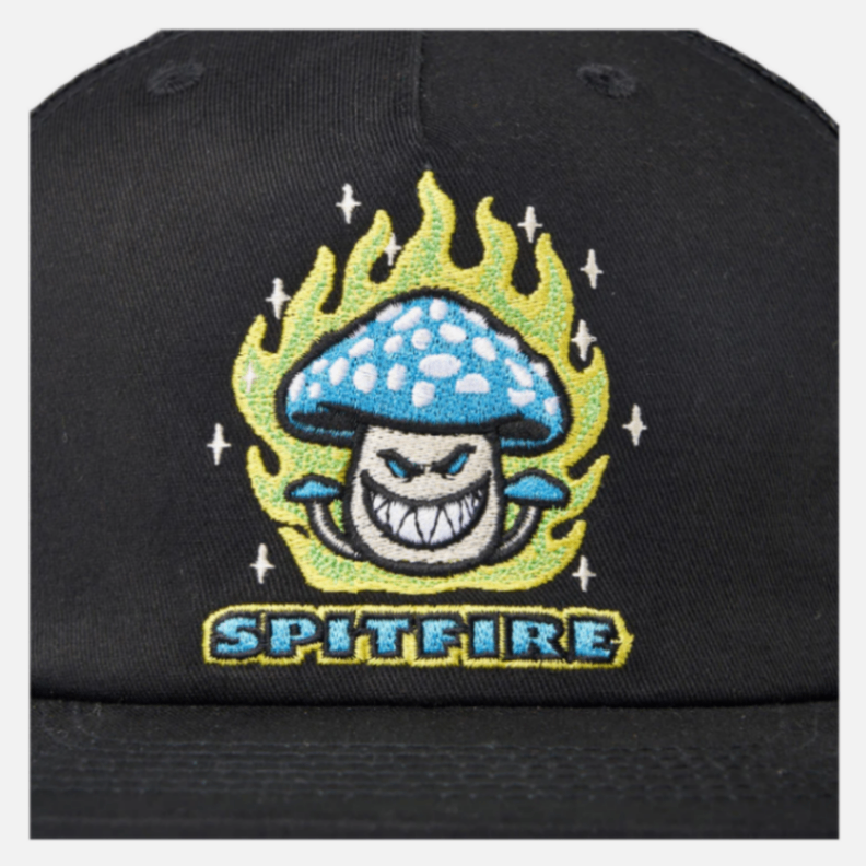 Black cap with a colorful mushroom graphic and 'Spitfire' branding on a white background