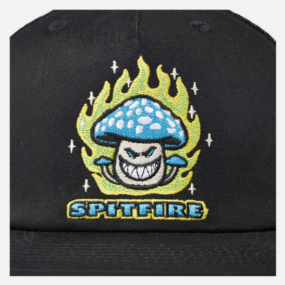 Black cap with a colorful mushroom graphic and 'Spitfire' branding on a white background