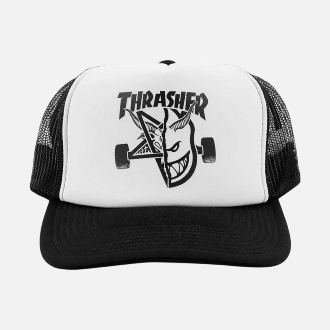 Black and white cap with 'Thrasher' logo on a white background